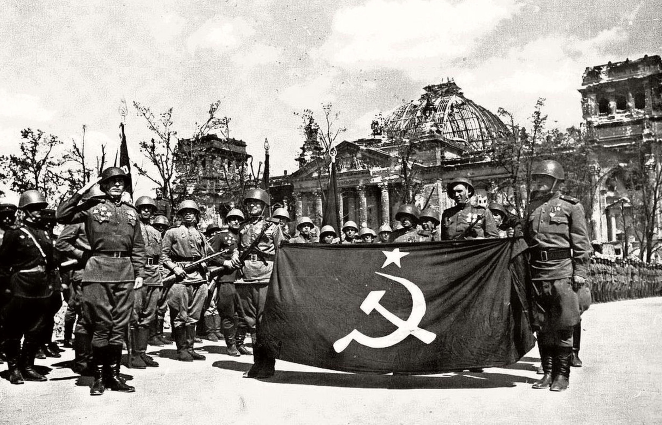 The Soviet Union flag unfurled after the Battle of Berlin.
